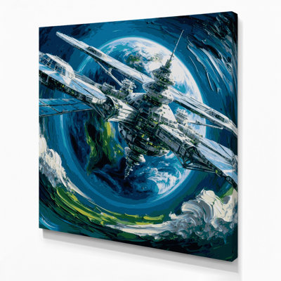 Art mural sur toile bleu, "Sci Fi Space station orbiting Earth"