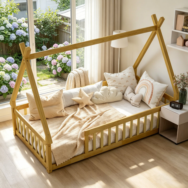 Lit simple tipi en forme de tente avec garde-corps et lattes naturelles, idéal pour dormir confortablement et en toute sécurité