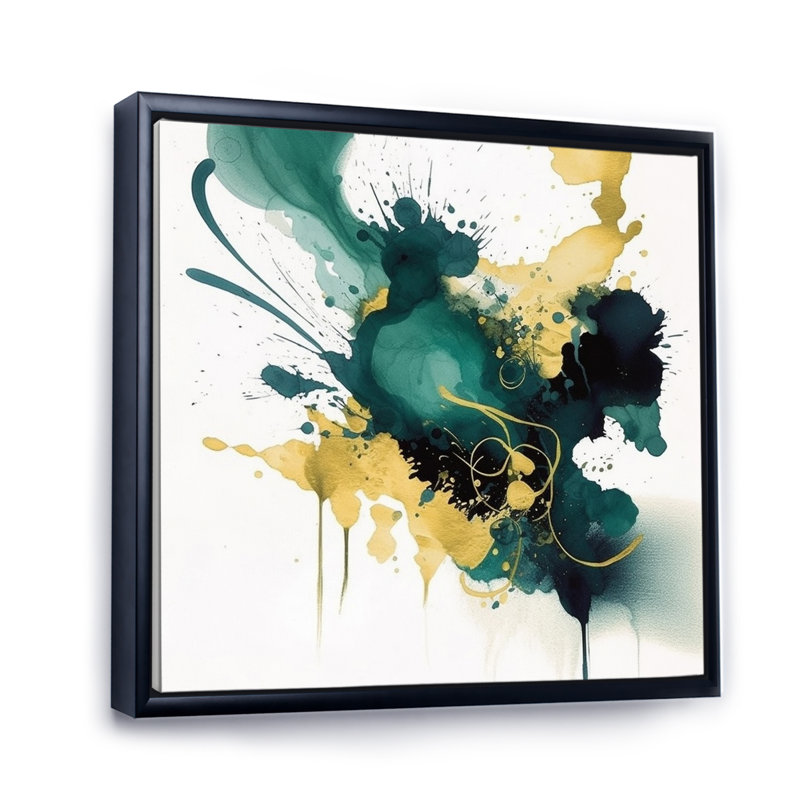 Bleu foncé, turquoise et or II, H 36 po x l 36 po x P 1,5 po, Cadre flottant noir