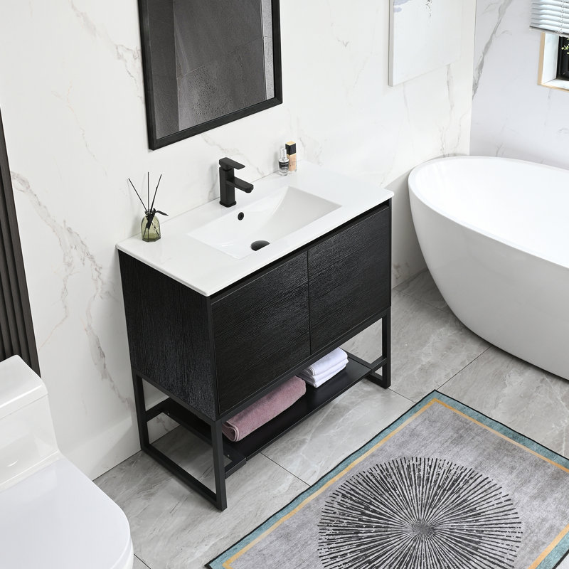 Azai 36" Single Bathroom Vanity Set with Sink Top, Faucet, Metal Frame with Open Shelf, Black