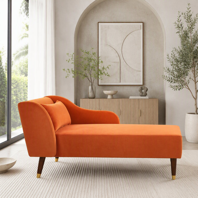 Chaise longue en velours orange avec dossier inclinable et coussin, Velours orange