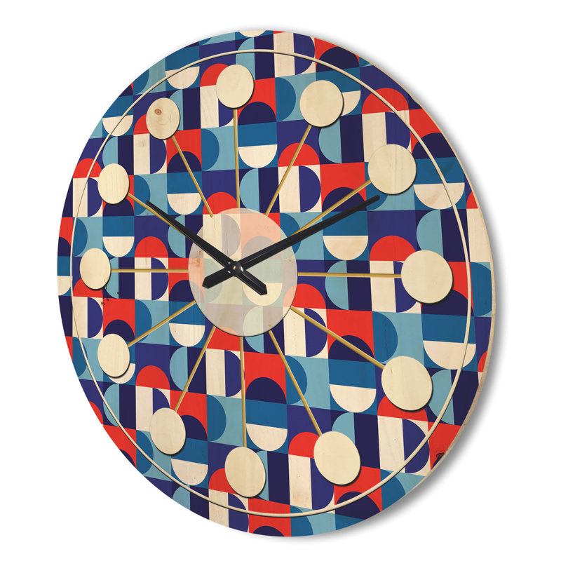 Blue, Red & White Polka Dots - Mid-Century Modern Wood Wall Clock, Large