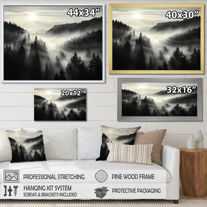 «Mysterious Misty Mountain Morning - Minimalisme», reproduction d'art sur toile, 30" H x 40" W, Toile tendue