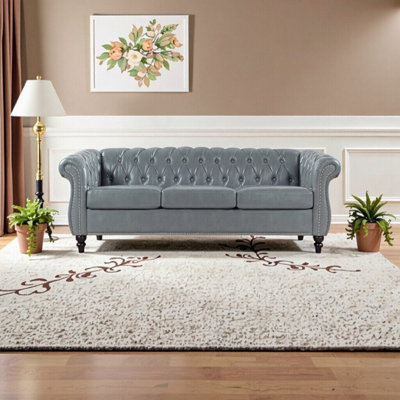 Elegant 84.65" Black PU Rolled Arm Chesterfield Three-Seater Sofa – Classic Comfort for Modern Homes