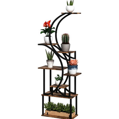 8 Tier Plant Rack With S-Shaped Design, Steel , Fits In Corners, Versatile For Decor Items Stand, Indoor Outdoor Holder, Steel Frame Rectangular Fir Wood Base