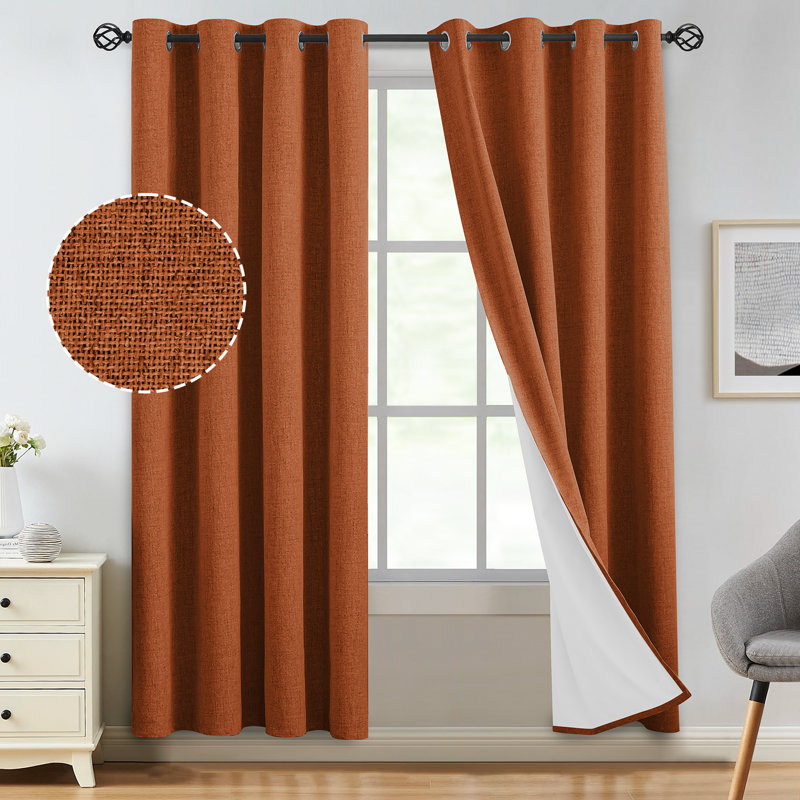 100% Blackout Linen Curtains,Room Darkening Grommet Drapes for Bedroom with White Liner, 52" W x 84" L, Burnt Orange