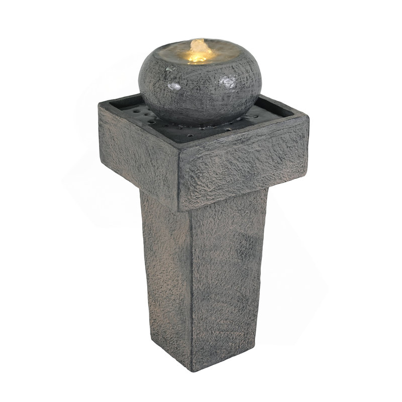 25.59"H Minimalist Concrete Column Fountain–LED-Lit Modern Outdoor Oasis, Sturdy Landscape Feature For Patio, Porch