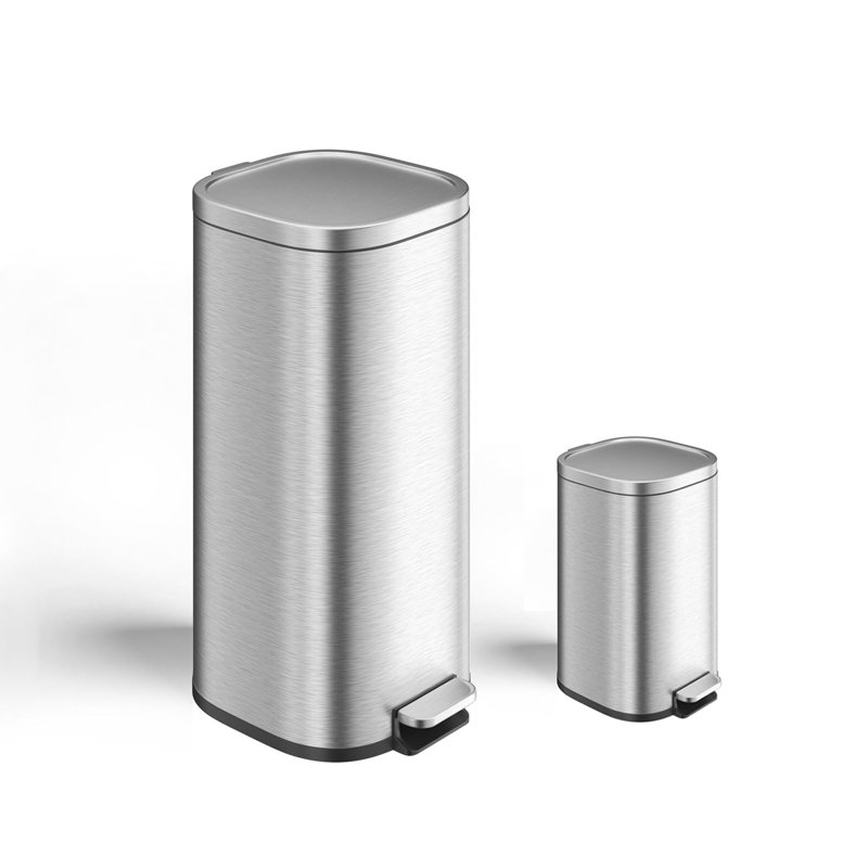 Ensemble de poubelles de cuisine mains libres à pédale double compartiment - 30 L et 6 L (8 + 1,6 gallons), acier inoxydable, couvercle à fermeture silencieuse, barils intérieurs en PP durable, couleur acier inoxydable rectangulaire