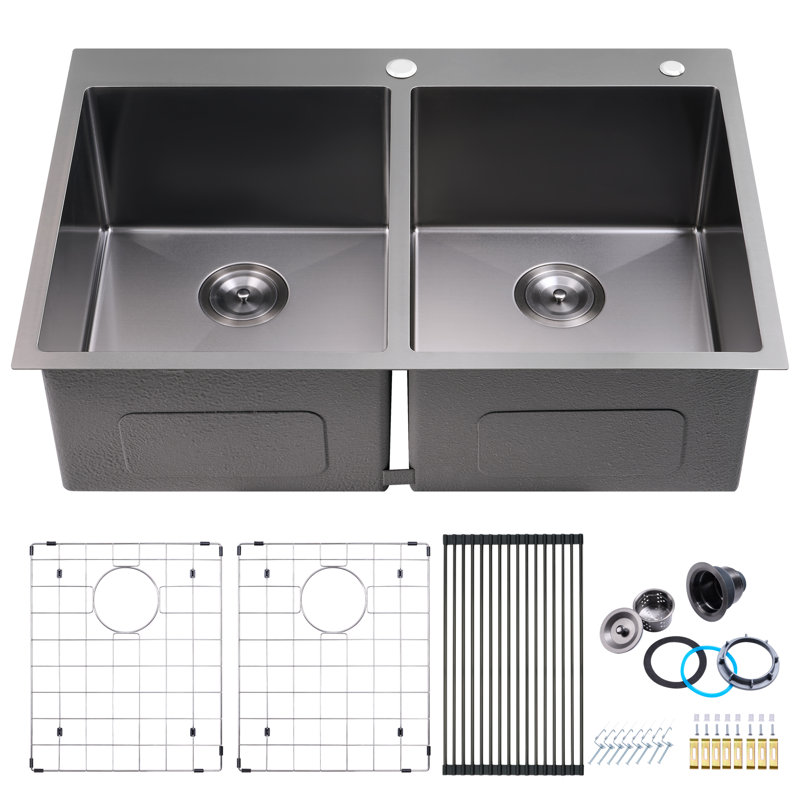 33 in. Drop-In/Undermount Double Bowl 16 Gauge 304 Stainless Steel Kitchen Sink with Accessories, Gunmetal Black