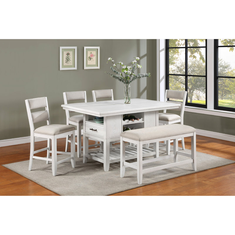 Table à hauteur de comptoir pour salle à manger, finition blanche, avec rangement, support à vin, table de style rectangulaire, blanc, mobilier en bois