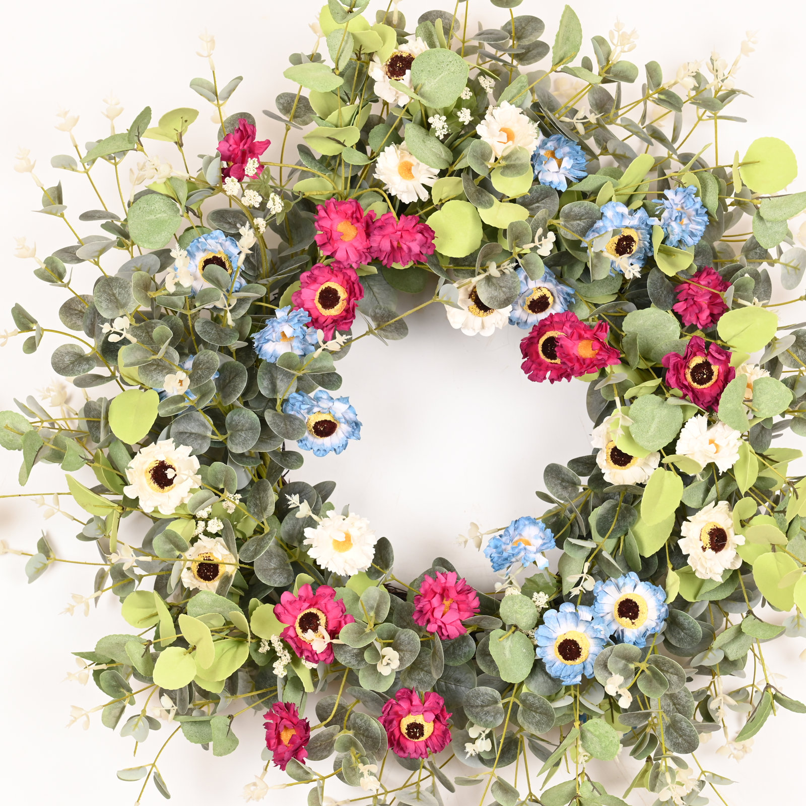 26" Handcrafted Eucalyptus Daisy Everyday Wreath, Green