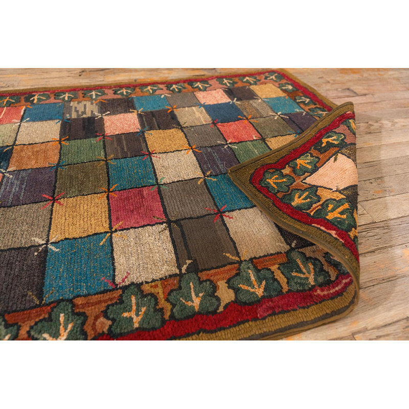 1880s Antique Multicolor Folk Art Checkerboard "X" Motif American Hooked Rug