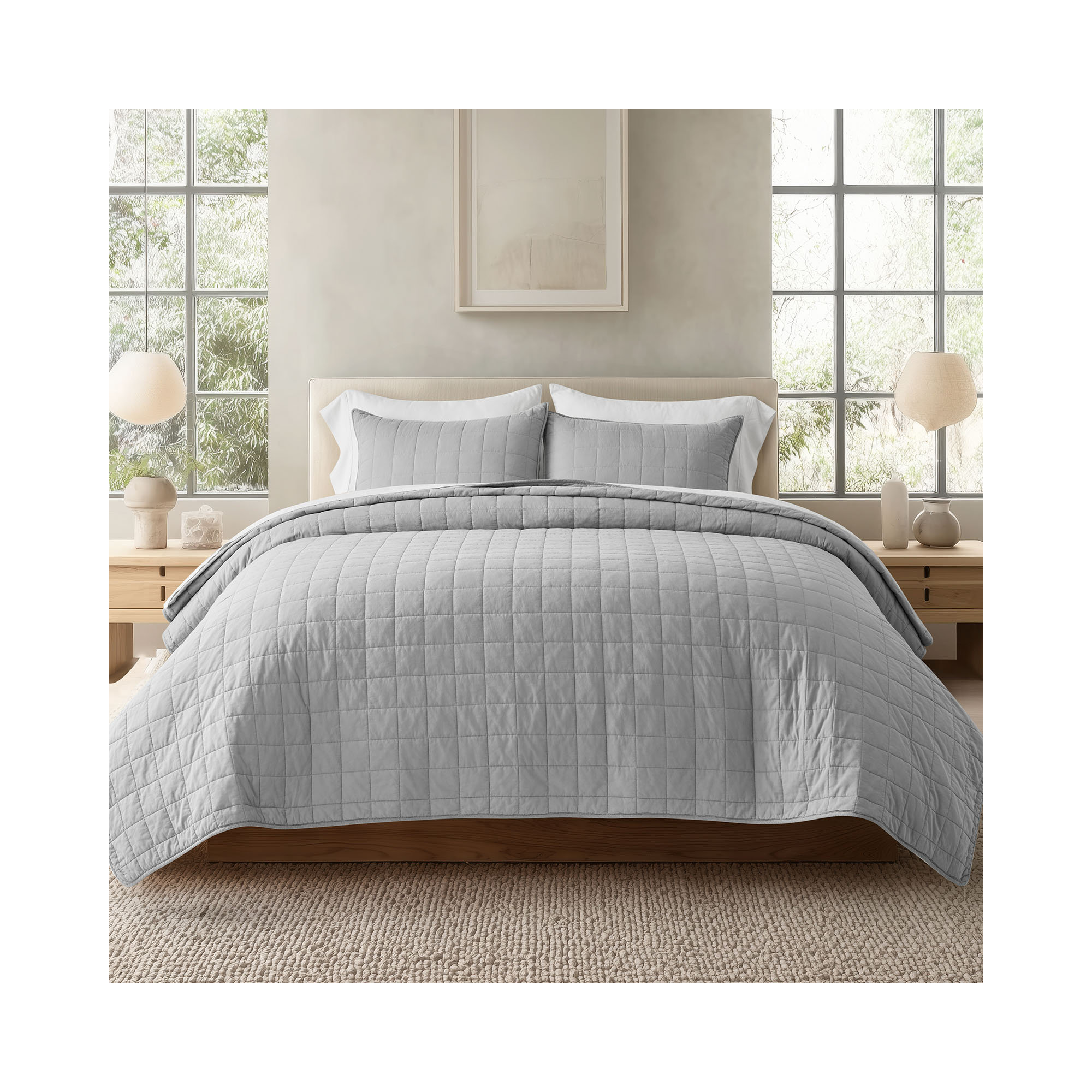 100% Cotton Box Stitch Quilt Set, Fog Gray, King Quilt + 2 King Shams
