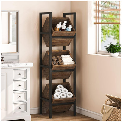 15" 3-Tier Industrial Basket Stand With Angled Baskets – Rustic Vertical Fruit & Snack Rack, Standing Storage Tower Organizer For Kitchen, Pantry, Bathroom, Living Room – Brown & Black Finish