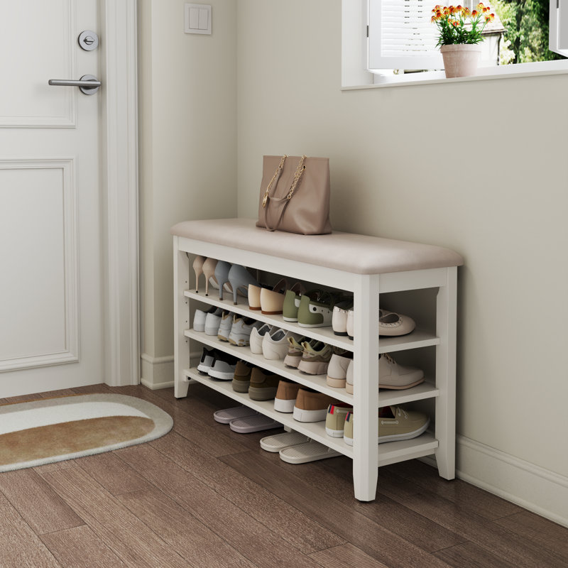 Banc à chaussures en bois massif à 3 niveaux avec rangement, Blanc, H 20,4 po x l 39,3 po x P 11,8 po