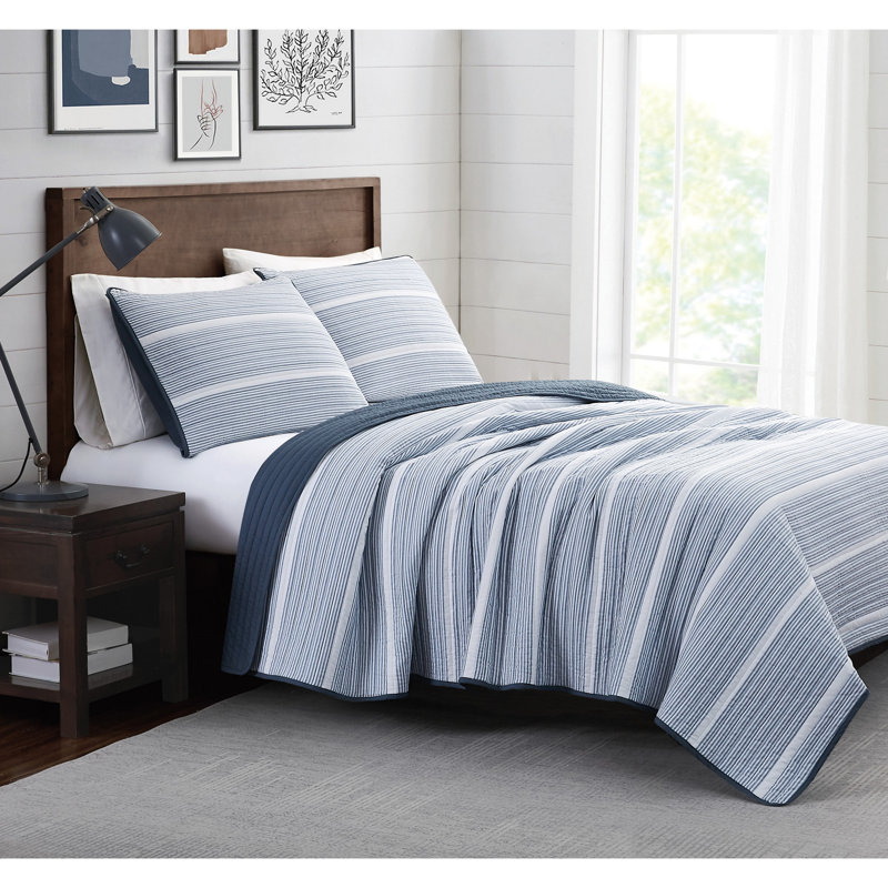 Niari Yarn Dye Stripe Cotton Striped Quilt, Blue, Twin / Twin XL Quilt + 1 Twin Sham