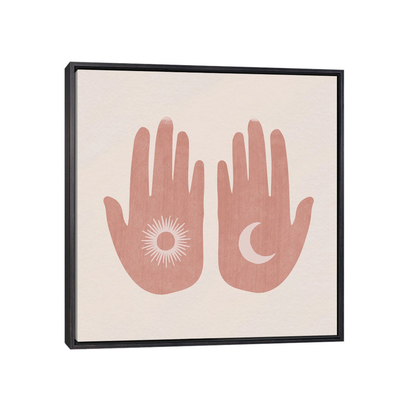 Soleil, lune, mains - impression d'art graphique, H 37 po x l 37 po x P 1,5 po, Toile avec cadre noir patiné, Pas de tapis