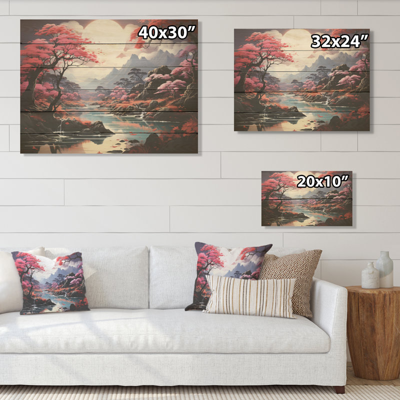 Magique Kawaii rivière Moonlite - rivière Lake, art mural sur bois de pin naturel, H 24 po x l 32 po