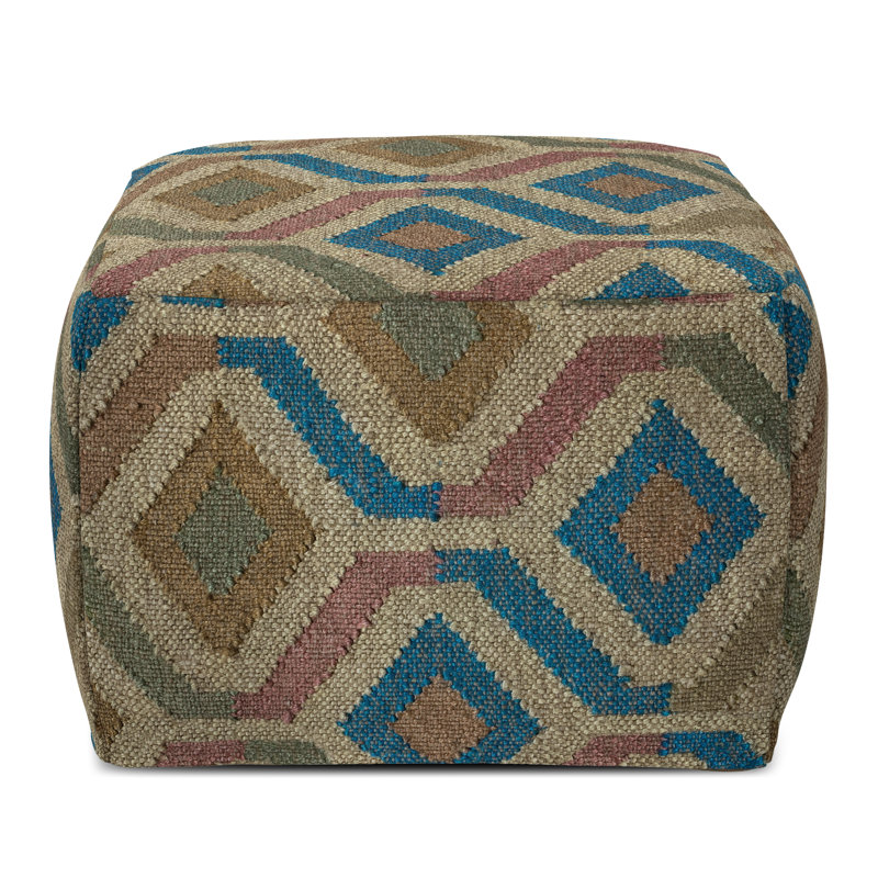Johanna 20"W Jute Square Pouf, Blue/Brown Wool