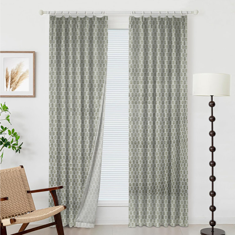 Fabdivine Thick Linen White Floral Room Darkening Block Print Curtain 27x96 Inches, Two-Side Panel with Pleated Pinch for Summer or Spring Season, Living or Bedroom, Kitchen, or Office, Tulsi Buti