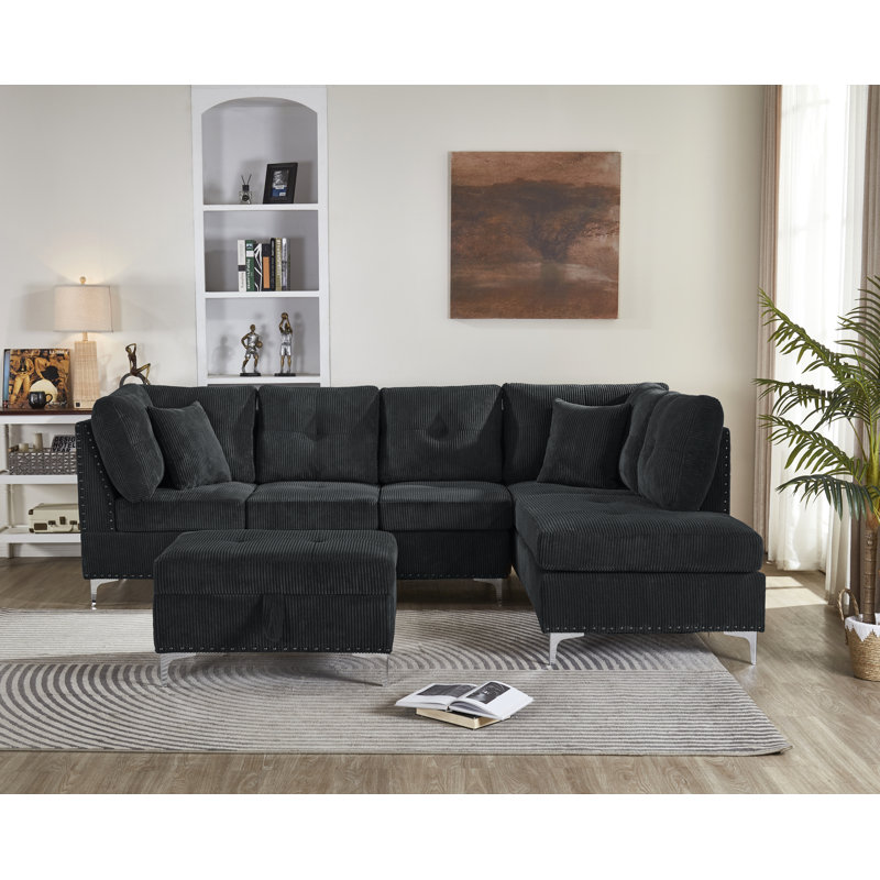 Canapé modulaire avec repose-pieds Breylon, meubles modulaires rembourrés en polyester, Velours côtelé noir