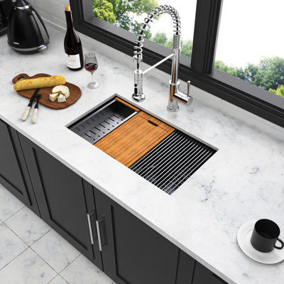 28"X18"X10" Stainless Steel Sink, Gunmetal Black Finish, 16 Gauge, Workstation Space Saving, Easy Drain, Noise Gauge Steel, Benefit, Simple Cleaning, Sound Absorbing, With Colander