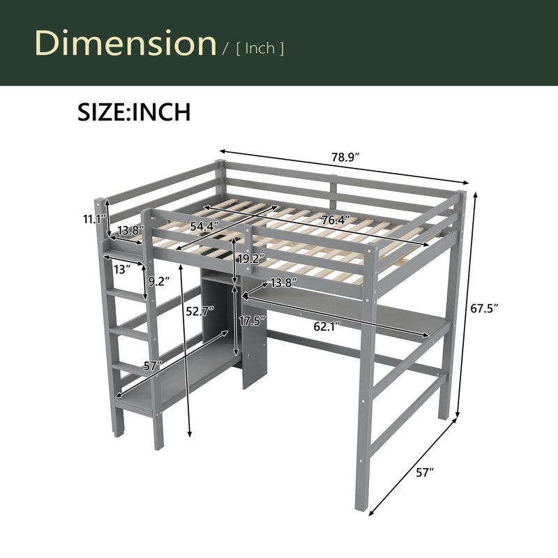 Full Size Loft Bed With Multifunction Shelves And Under-Bed Desk, Grey