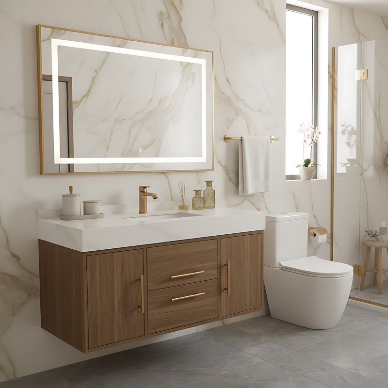 Ensemble de meuble-lavabo mural 39,4 po avec surface en noyer fritté et lavabo encastré en céramique, Walnut, Gold/White