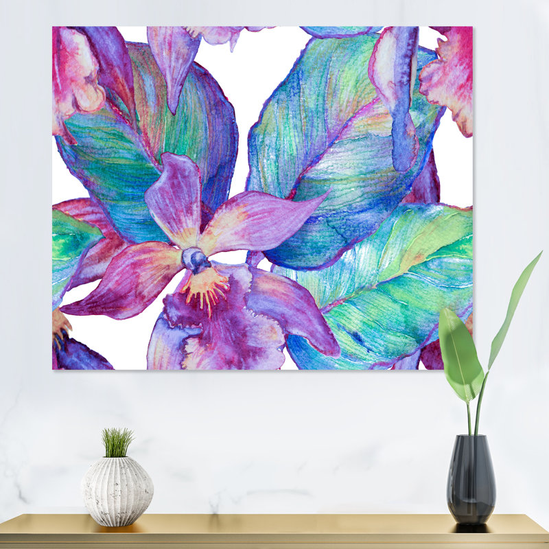 Turquoise et orchidée mauve - peinture sur toile, H 24 po x l 32 po, Cadre flottant blanc