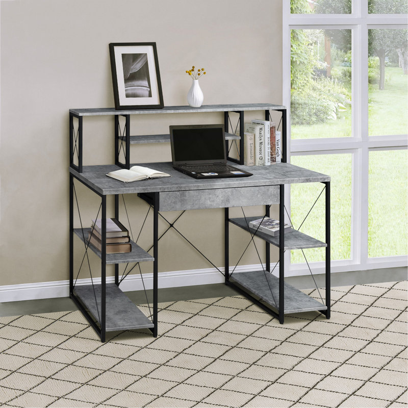 Bureau avec tablettes ouvertes et huche, Gris