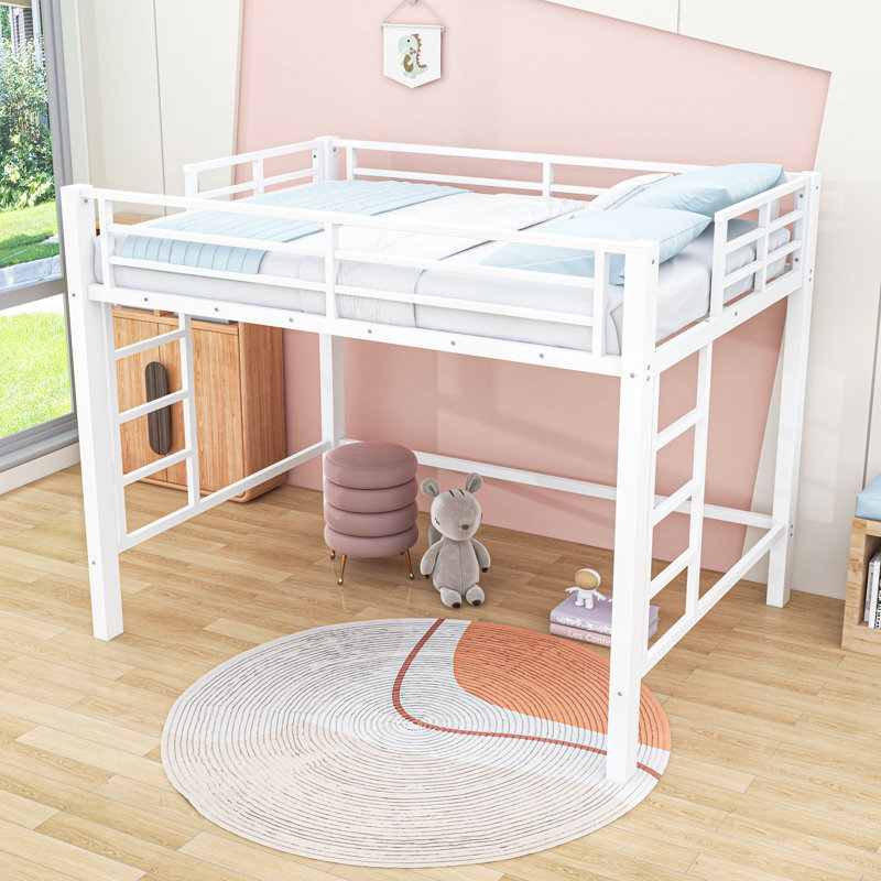 Metal Loft Bed with Guardrails, Queen