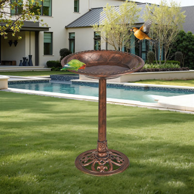 Bain d'oiseaux pour l'extérieur en polyrésine 28 po, bain d'oiseaux décoratif autoportant avec bord évidé, base stable remplissable, bain d'oiseaux de jardin antique pour cour, pelouse, patio