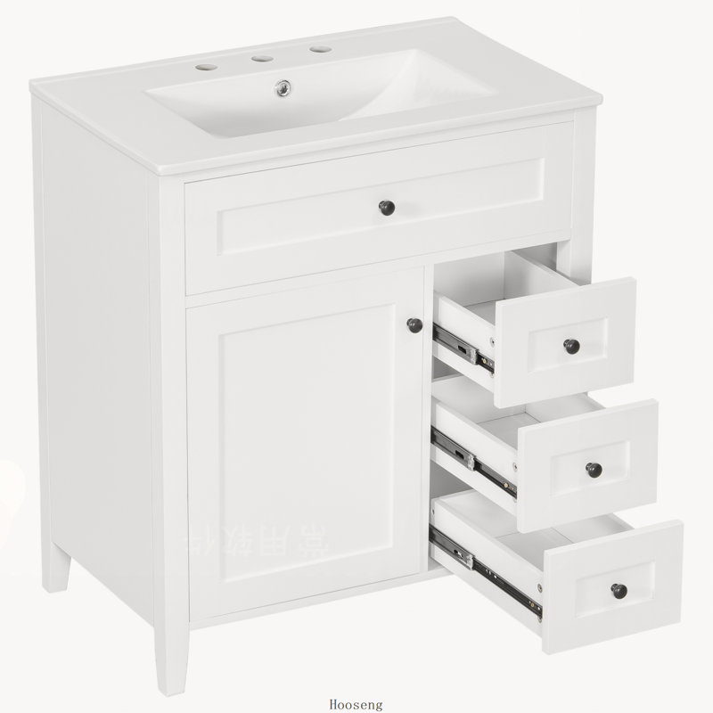 Meuble-lavabo autoportant de 30 po avec comptoir d'évier, panneau de fibres à densité moyenne et bois d'hévéa avec 3 tiroirs et tablette réglable, conception à charnière gauche, blanc