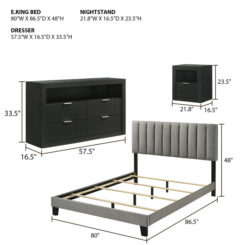 4-Pieces Bedroom Sets, Black, 4 Pcs: Bed, 2 Nightstands, Dresser, King