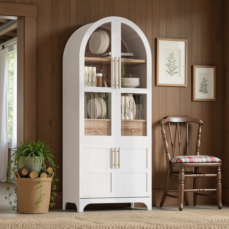 4 Doors Arched Two-Tone Kitchen Pantry Cabinet with Adjustable Shelves and Hidden Drawer, White