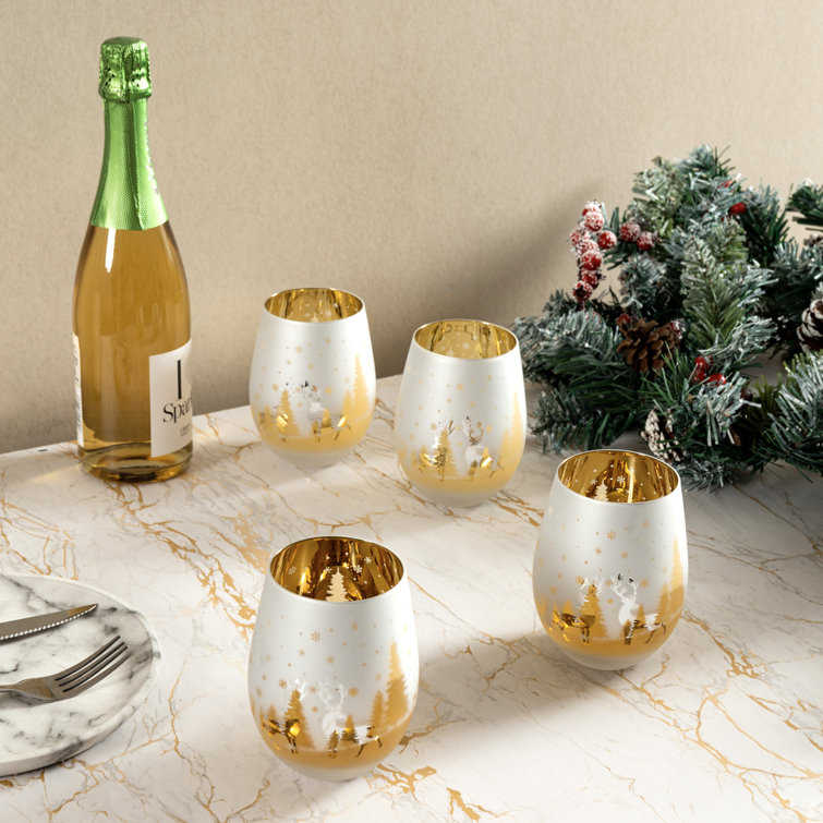 Gold Christmas Stemless Wine Glasses