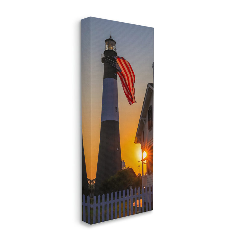 Bord de mer, drapeau américain, phare, balise coucher de soleil, Toile tendue, L 10 po x H 24 po