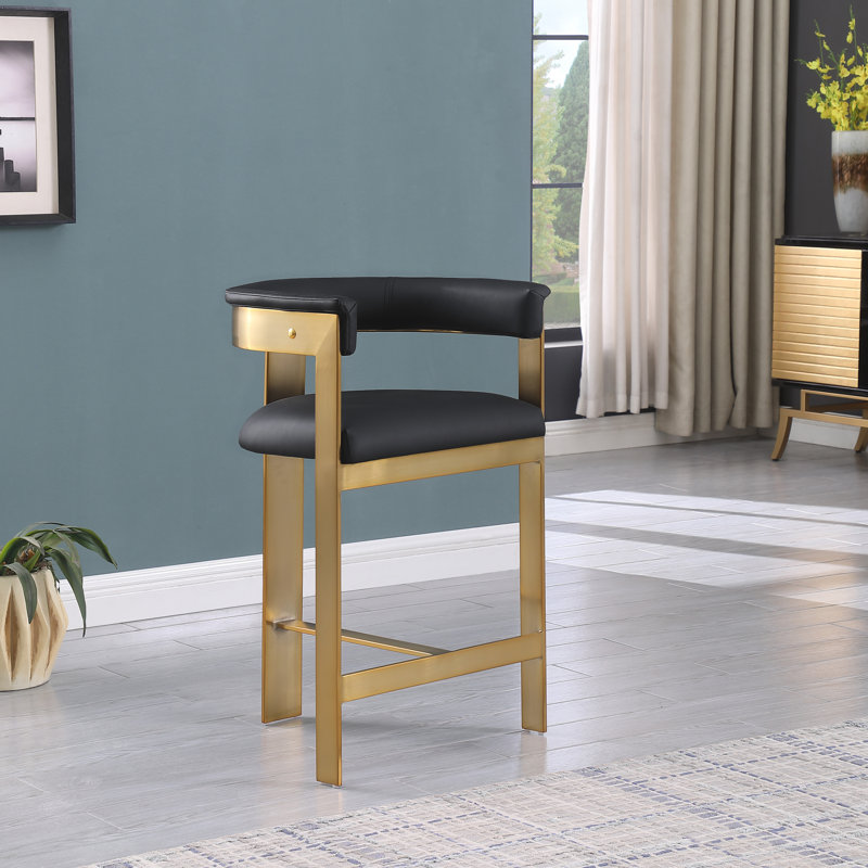 Romeo Hermi Vegan Leather Counter Stool, Black Vegan Leather, Brushed Gold