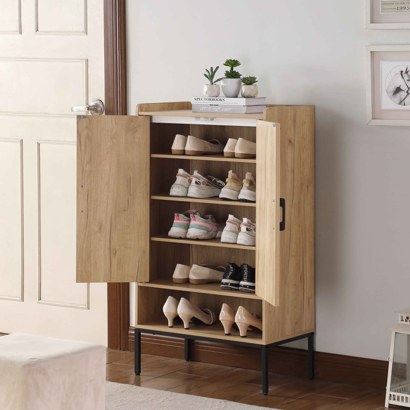 Range-chaussures avec portes en rotin, range-chaussures à 5 niveaux avec tablettes ouvertes, range-chaussures en bois, pour vestibule, vestibule