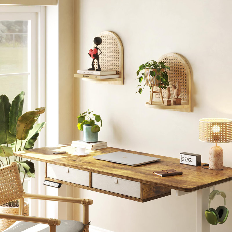 2 Pack Wooden Small Wall Shelf, 7''Natural Rattan Shelf with Wicker Decor