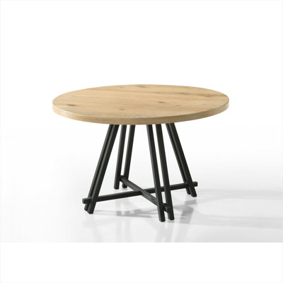 Round Dining Table for Kitchen or Dining Room, Oak Veneer over MDF, 47 Inch, Seats 4, Metal Cross Base