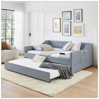 Lit de jour rembourré convertible avec dossier capitonné, canapé-lit polyvalent 3 en 1 avec lit gigogne escamotable et rangement latéral, parfait pour une vie compacte