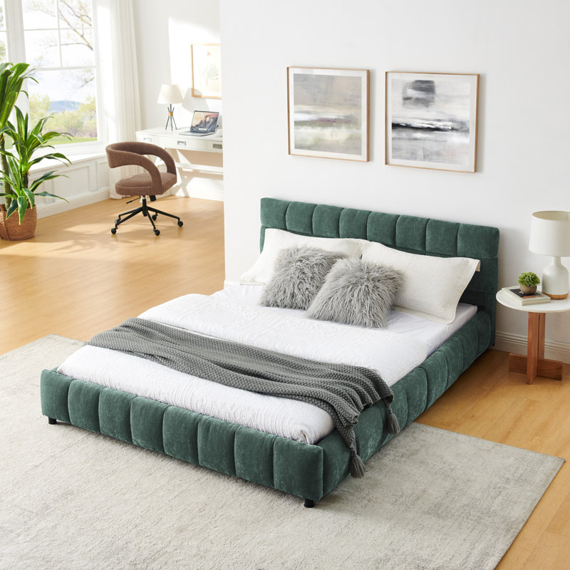 Lit tapissier, base de lit tapissier confortable, tissu chenille, avec tête de lit et base de lit solide, Bleu / vert, Grand