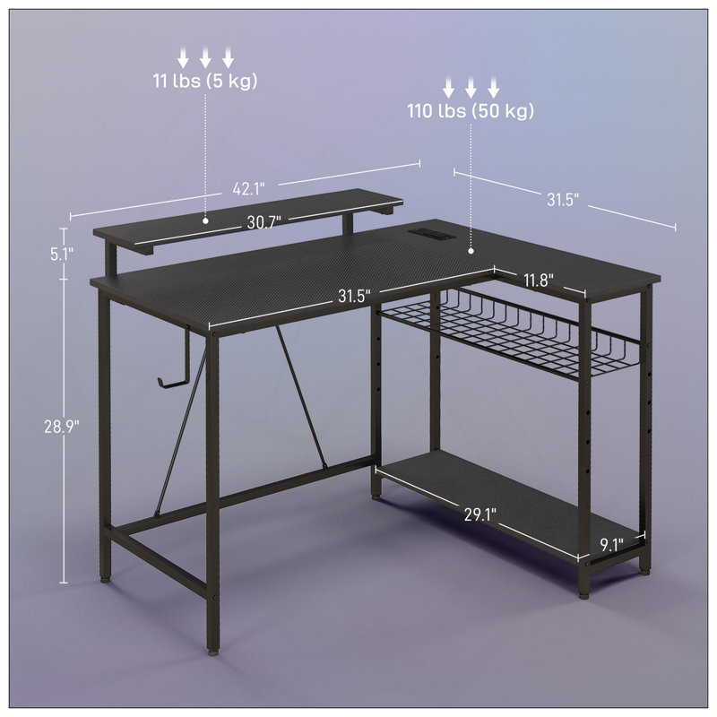Bureau polyvalent en forme de L avec des fonctionnalités avancées pour le bureau à domicile, Noir