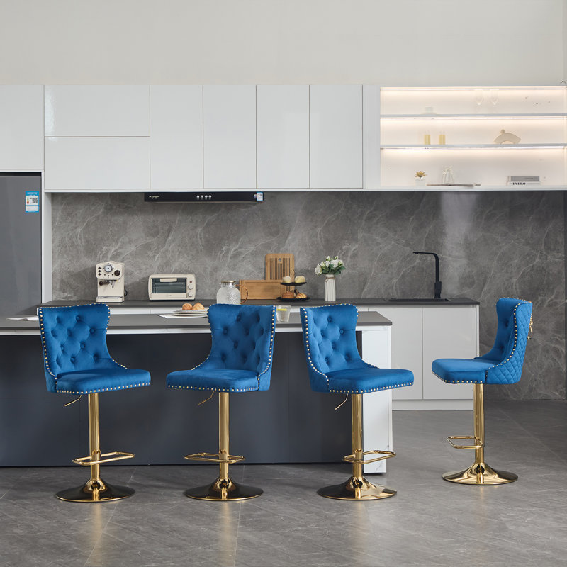 Swivel Adjustable Height Counter Stool With Metal Frame, Gold, Blue