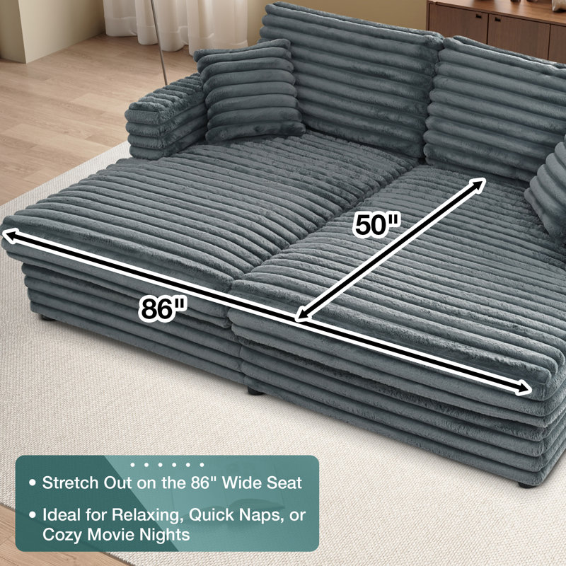 86"W Corduroy Upholstered Cloud Sleeper Sofa Bed Glauser Deep Seat Oversized Chaise Lounge Indoor, Gray
