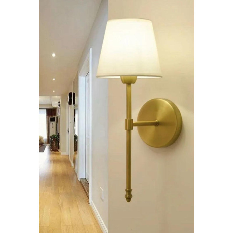 Elegant Wall Lamp with Metal Body & Fabric Cap, Gold | 3.15W LED Socket, Battery Operated (3 AA), 4500K Warm White Light | Stylish Home Decor, IP20 Rated, Convenient On/Off Switch