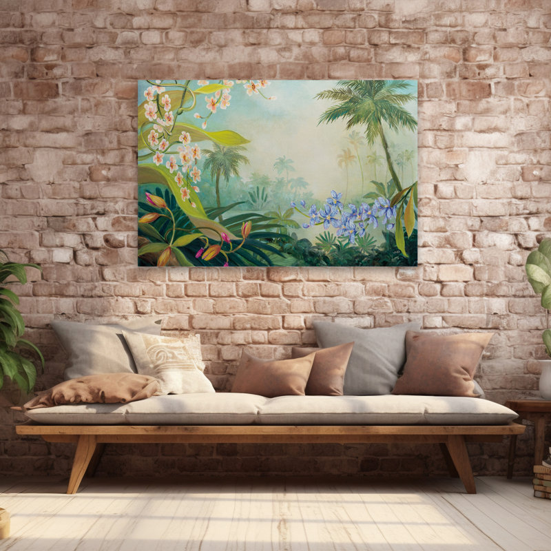 Orchidées au bord de la rivière - art floral noir, bleu et brun, H 40 po x l 60 po
