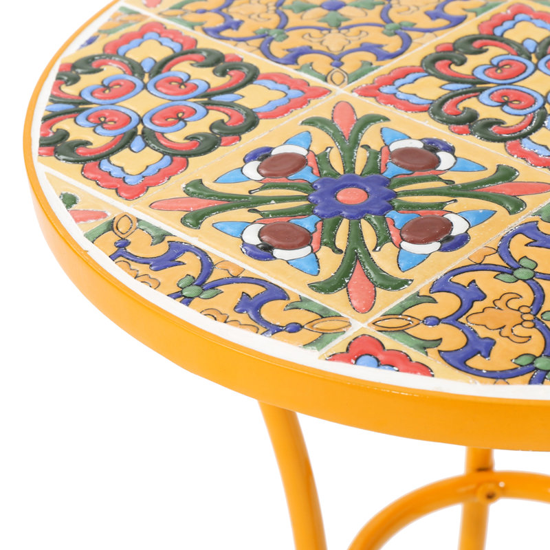 Sunlit Yellow Ceramic Tile And Iron Patio End Table, 13.68 In. Depth, Accented Practical