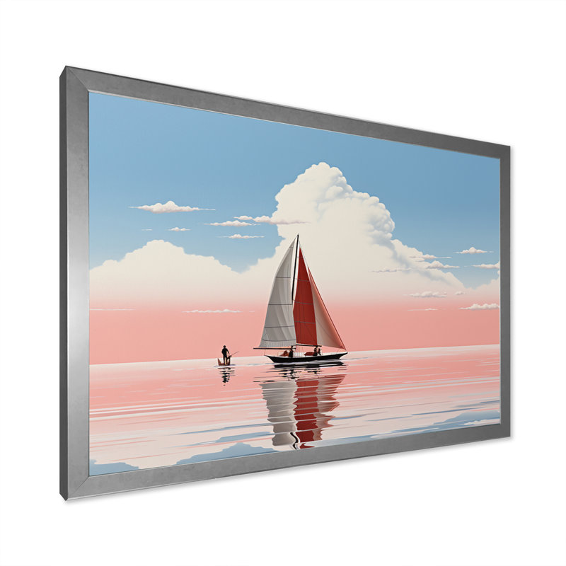 Voilier blanc naviguant au coucher du soleil rose I - impression, H 30 po x l 40 po x P 1,5 po, Cadre simple argenté